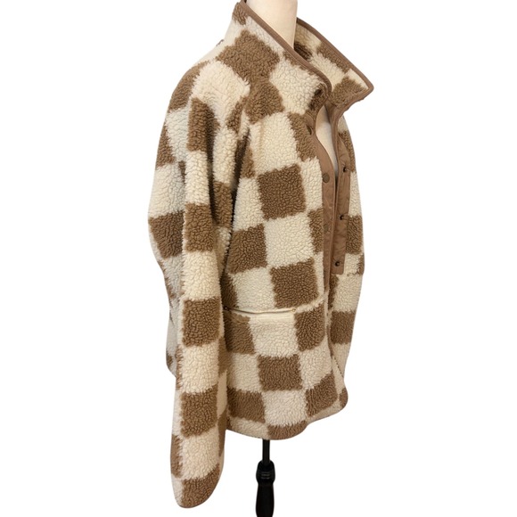 NEW Checkerboard Sherpa Fleece 2XL Tan White Jacket Button Snap Collar Pockets - Picture 6 of 8